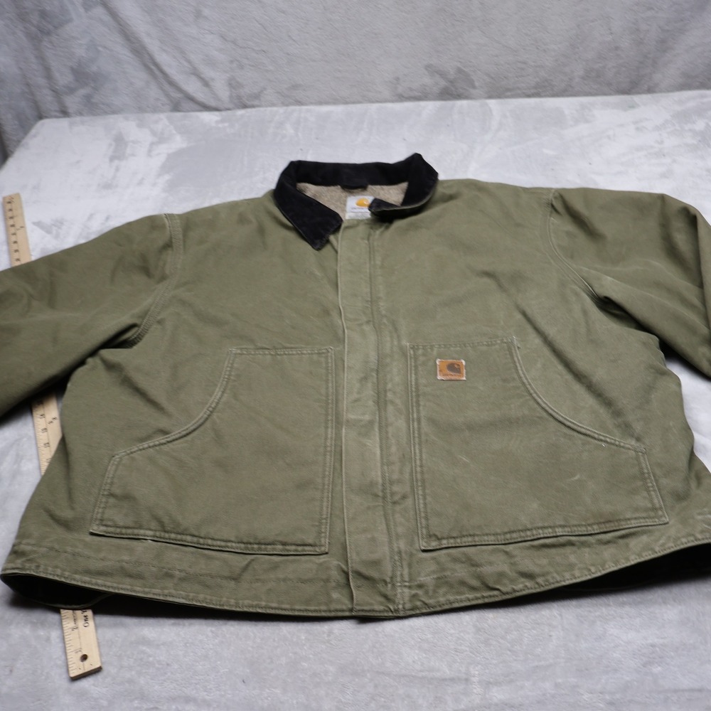 Carhartt Jacket Mens 2XL Green Canvas Duck Sherpa Lined Full Zip Utility Work